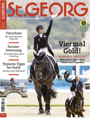 Jessica von Bredow-Werndl with her horse Dalera on the cover of the German equestrian magazine St.Georg. The picture was taken at the 2024 Olympic Games in Paris, Versailles.